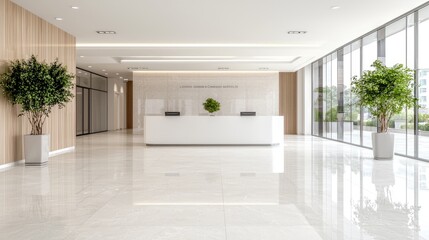 Obraz premium Modern office reception area with plants, city view