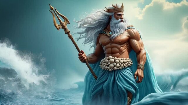 Poseidon, the Greek god of the seas, standing majestic and powerful with a trident in hand, surrounded by sea waves and sea legendary creatures
