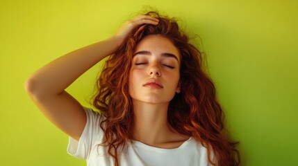 Fototapeta premium redhead woman relaxing against green background