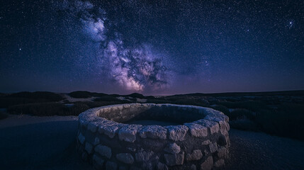 A dug well under a night sky with the Milky Way visible above, long-exposure photography, deep contrast, astrophotography elements, otherworldly glow, ultra-sharp textures
