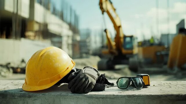 Construction safety equipment placed on a concrete surface - a bright yellow hard hat, reflective safety goggles and a pair of black and yellow work gloves
