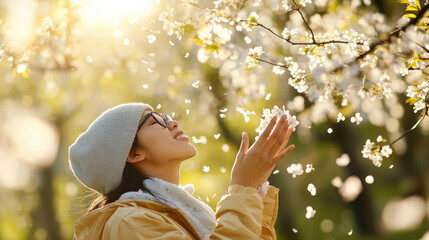 Joyful woman enjoying spring blossoms while embracing nature with allergy-free care