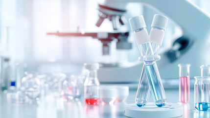 Laboratory microscope and test tubes with blue liquid in scientific research environment