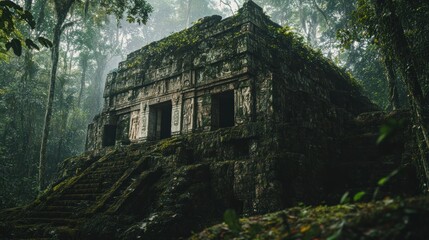 Ancient stone temple surrounded by dense jungle, shrouded in mist and greenery.
