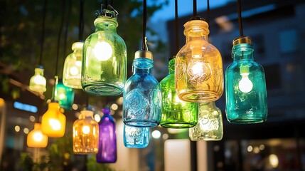 Colorful glass jars hang as decorative lights, illuminating the evening with a warm glow, creating a whimsical and inviting atmosphere.