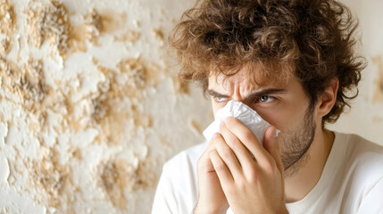 Man sneezing due to mold allergies in damp environment