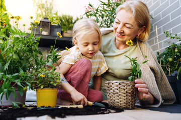 Grandmother and granddaughter planting flowers on a balcony
