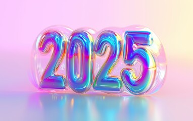 2025 designed from transparent glass with light refractions and reflections, isolated on a bright background