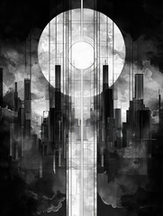Black and white abstract cityscape with glowing circular element.
