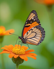 Fototapeta premium Close-up of a butterfly resting on a flower, its colorful wings spread wide, with a softly blurred garden background, embodying the delicate beauty of spring.