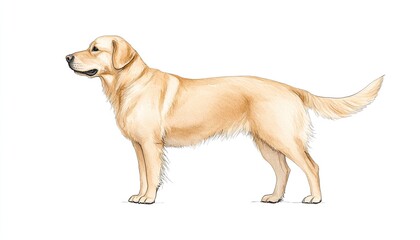 Side profile of a golden retriever standing gracefully on a white background