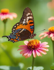 Obraz premium Close-up of a butterfly resting on a flower, its colorful wings spread wide, with a softly blurred garden background, embodying the delicate beauty of spring.