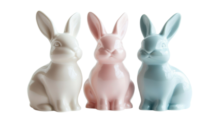 Three porcelain easter bunnies sitting on transparent background