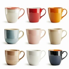 Nine colorful ceramic mugs isolated on white background, creating a varied collection for enjoying hot beverages