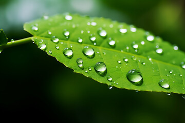 A macro shot of a green leaf with water droplets, showcasing the beauty of natural hydration and life