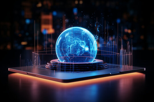 A futuristic digital hologram of Earth, glowing in blue tones, symbolizing global technology and innovation