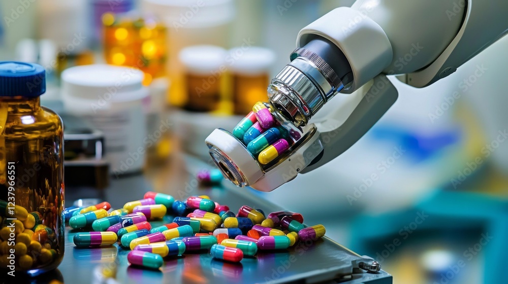 Poster in a modern laboratory, a robotic arm gently grasps vibrant capsules, surrounded by bottles and cont
