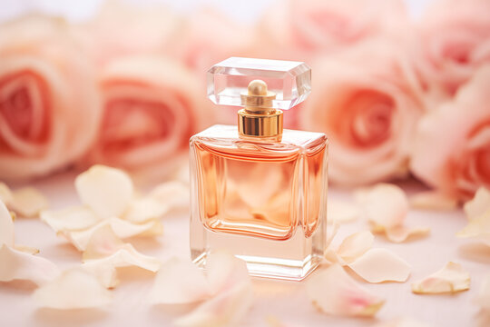 A soft and dreamy arrangement of a delicate perfume bottle surrounded by blooming pink roses, perfect for those who embrace romance and elegance.