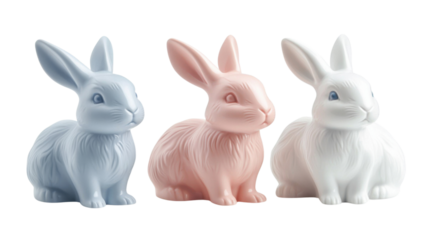 Three ceramic bunnies sitting on transparent background