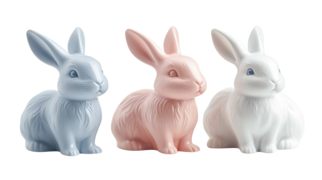 Three ceramic bunnies sitting on transparent background