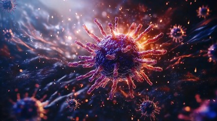 Microscopic view of glowing virus particles in dynamic motion HMPV Human metapneumovirus. Virus molecule coronavirus cells virus particle medical research imagery
