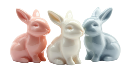 Three easter bunnies figurines sitting on transparent background