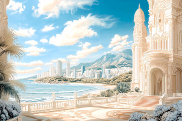 Obraz premium A beautiful city with a beach and a castle in the background. The sky is blue and the water is calm