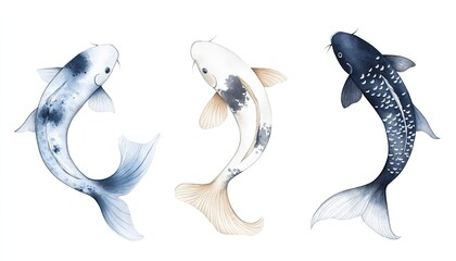 Three beautifully illustrated koi fish in varying colors swimming gracefully, showcasing aquatic elegance