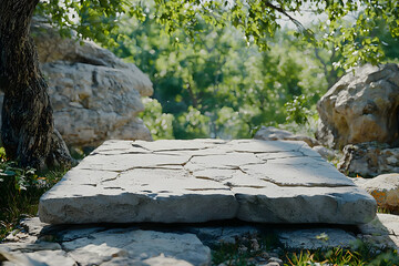 Stone platform in sunlit forest clearing