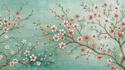 Elegant Blossom Branches on a Textured Teal Background A Serene Floral Design for Home Decor