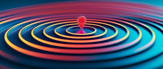 Strategy goal framework concept. Vibrant concentric circles with a red location pin in the center.