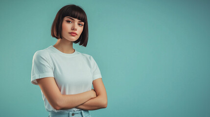 Obraz premium A modern fashion portrait of a confident female model with a sleek bob hairstyle, arms crossed, looking directly at the camera. Perfect for fashion and lifestyle concepts.