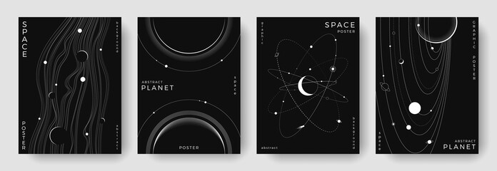 Set of abstract space astronomy backgrounds. Line art galaxy, universe, planet, solar system. Science future concept. Cosmic minimalist design for cover, poster, layout, banner, flyer, brochure © Anastasiya Stoma