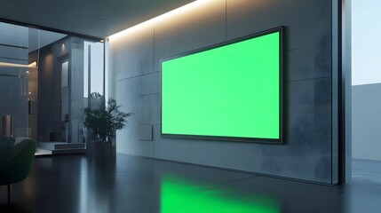 A modern room featuring a large green screen on the wall, ideal for presentations or media.