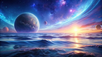 A Serene Seascape Underneath a Celestial Canvas of Planets and Nebulae, Illuminated by a Radiant Sunset