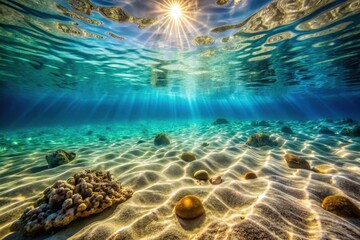 Sunbeams Illuminate the Ocean Floor, Revealing Sandy Ripples and Coral