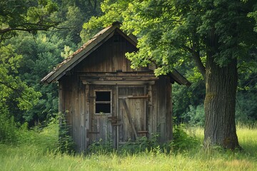 Old abandoned wooden shack stands in a lush green forest near a large tree, showing signs of decay and weathering