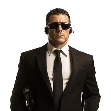 Confident security agent in black suit and sunglasses isolated on transparent background.
