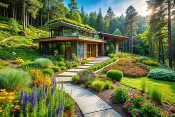 Modern hillside residence with vibrant landscaping and a green roof, showcasing a serene pathway leading to the entrance
