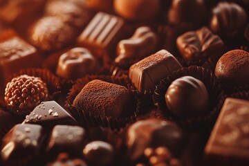 Assorted gourmet chocolates in various shapes and sizes, close-up view.