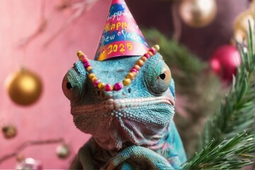 Colorful Chameleon in Party Hat with Happy New Year 2025 Text, Festive Pine Tree Background, Festive and Cheerful Atmosphere