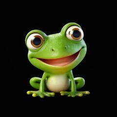 Obraz premium Digital illustration of a cheerful green frog sitting with a big smile on a black background.