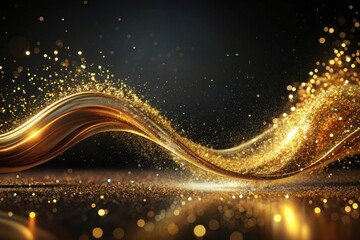 Golden wave of shimmering particles on a dark background, an elegant and luxurious design for celebratory occasions