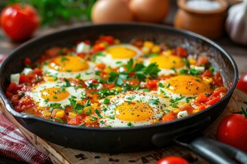 Fototapeta premium Tasty shakshuka with fried eggs, feta cheese, vegetables, herbs and spices in cast iron pan, tomatoes, herbs and eggs for healthy breakfast