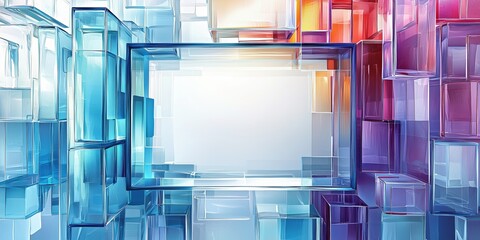 Colorful translucent blocks create a captivating abstract design with a central empty frame for artistic expression