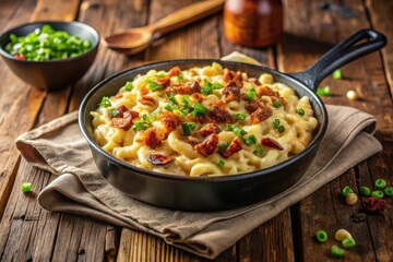 Creamy Macaroni and Cheese with Crispy Bacon Bits and Fresh Herbs in a Cast Iron Skillet