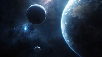 Fototapeta premium Stunning Image of Earth and Black Planet in Deep Space with Scattered Stars and Nebulas, Inspiring Universe Beauty