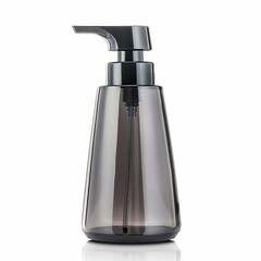 Obraz premium Sleek and stylish, dark gray soap dispenser sits on a reflective white surface, emphasizing its modern design and practicality for any bathroom or kitchen