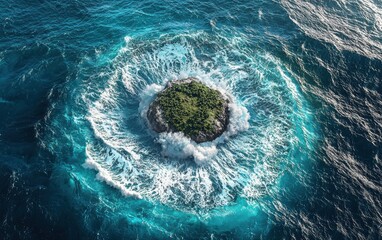 Bird&acirc;???s-eye view of a massive ocean with a single tiny island in the middle, surrounded by deep blue waters and foamy white waves crashing against the shore