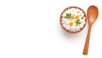 A bowl of fluffy white rice garnished with herbs and diced vegetables on a clean surface